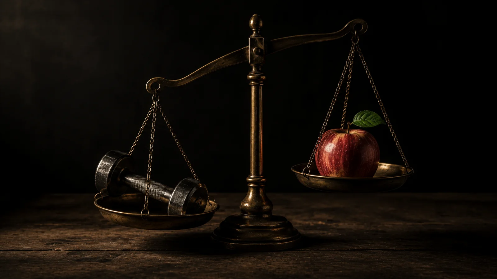 An antique brass balance scale weighing a small dumbbell on one side against a red apple with a leaf on the other, representing the cost trade-off between training and nutrition coaching