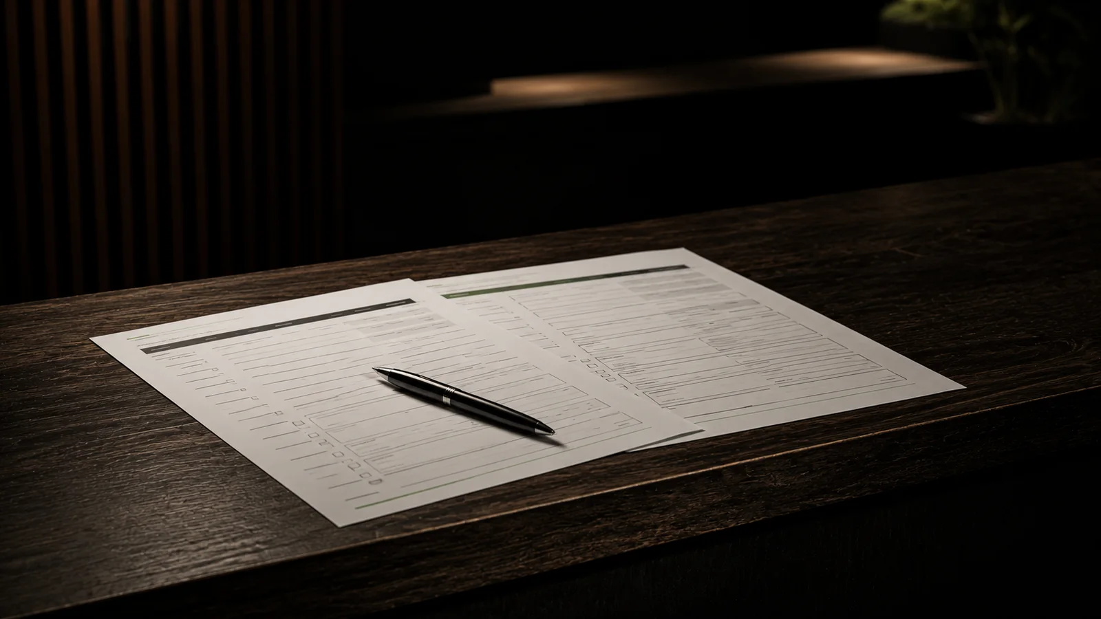Two printed training session-plan sheets overlapping on a dark wood front-desk counter, with a pen resting across them, representing a coach and client reviewing a package together
