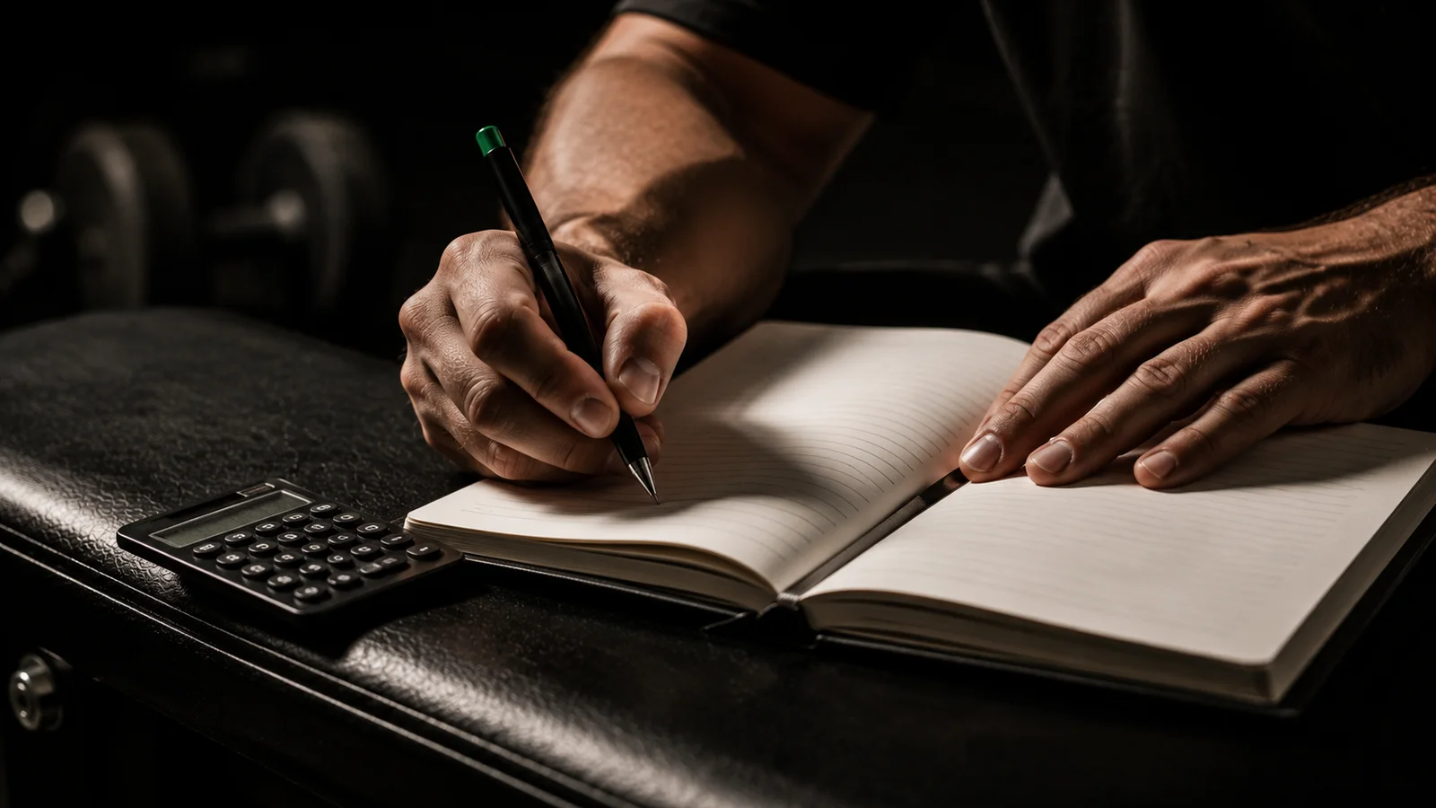 A close-up of a person's hands writing in an open notebook beside a small calculator, with gym dumbbells softly blurred in the background, representing a trainer working out session rates
