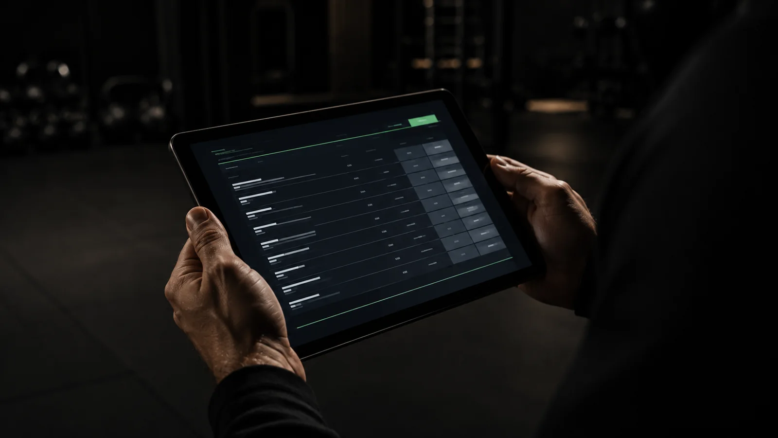A pair of hands holding a dark tablet displaying a rate-card-style dashboard, standing in a dim, empty training studio with gym equipment blurred in the background
