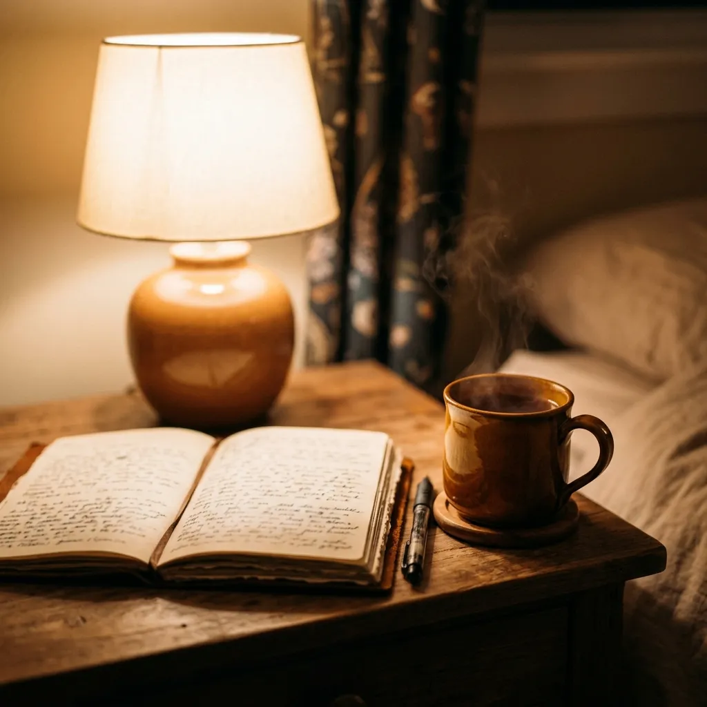 A journal, a cup of tea, and a dimmed lamp on a nightstand in the evening, representing a wind-down routine that supports sleep quality