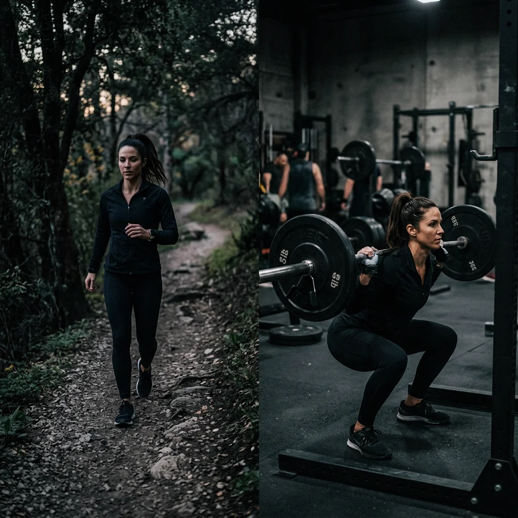Split view of outdoor walking and gym strength training for fat loss