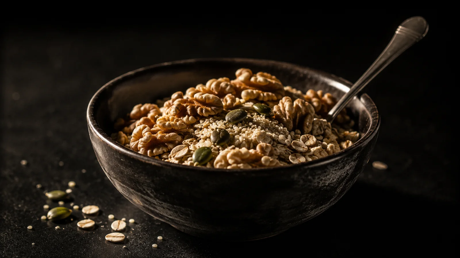 A metal spoon resting in a dark ceramic bowl of mixed rolled oats, walnuts, pumpkin seeds and hemp hearts on a matte black surface, shot from a low angle in dim editorial lighting