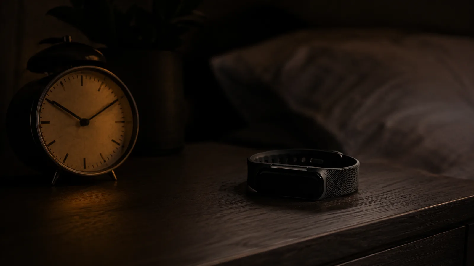 A fitness wearable resting on a dark nightstand next to a dimly lit alarm clock, suggesting the overnight data collection behind a recovery score