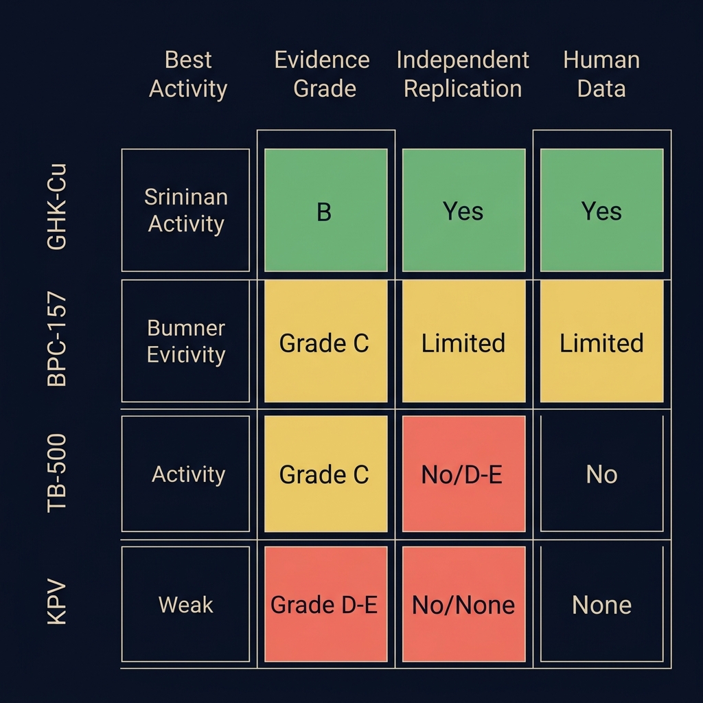 Matrix showing evidence grades, independent replication status and human data availability for GHK-Cu, BPC-157, TB-500 and KPV