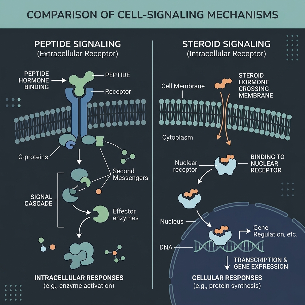 Diagram comparing how peptides and anabolic steroids act on cells