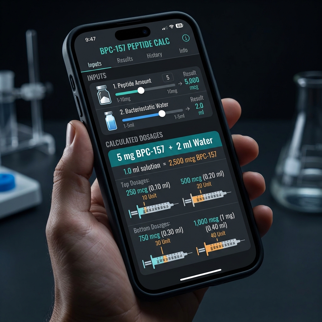 Mobile interface of a peptide mixing calculator showing water to peptide ratios.
