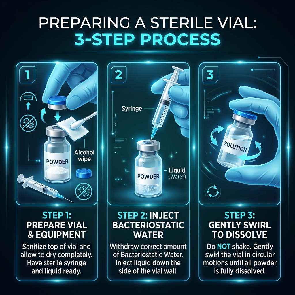 A 3-step modern infographic showing a sterile vial being prepared.