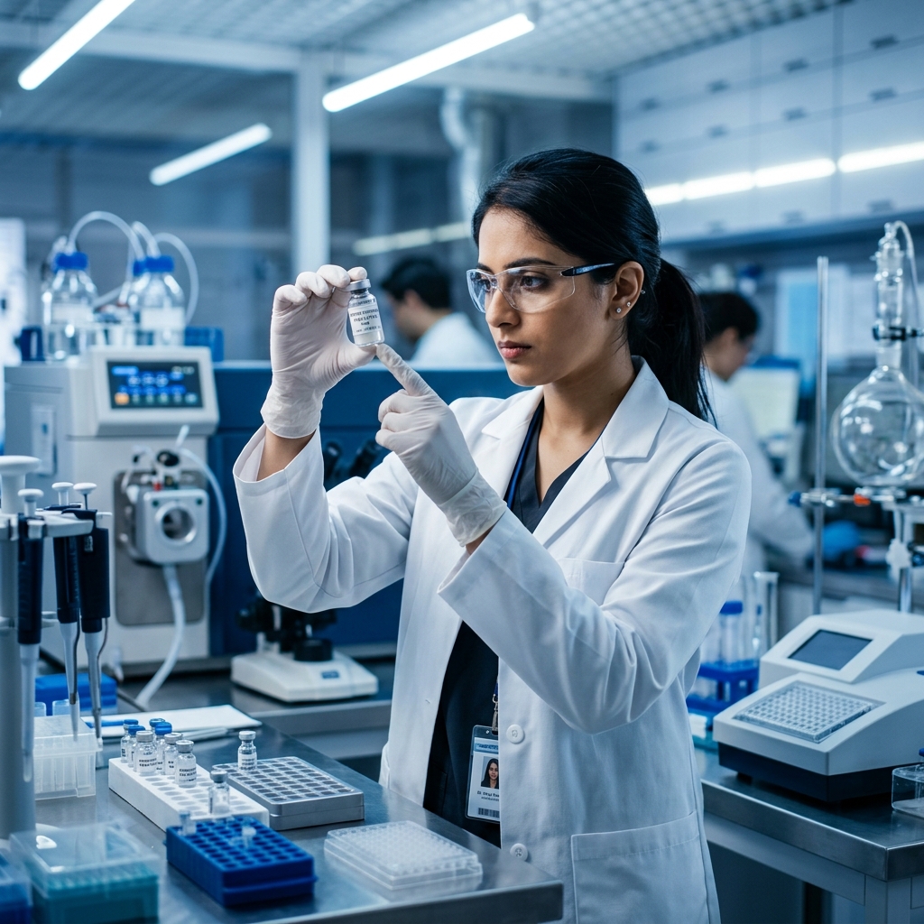 Researcher preparing a vial for peptide reconstitution in a modern laboratory.